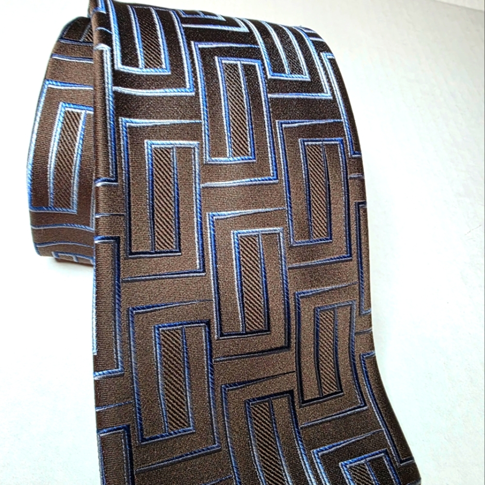 STAFFORD Geometric Brown and Blue Men's Silk Tie - Picture 2 of 8